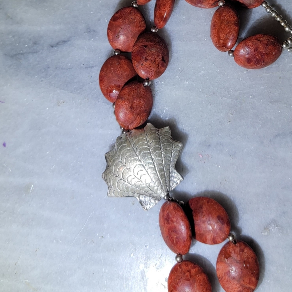 Artisan Necklace Genuine Coral Sterling 925 20" Fish Shell Coastal Beach - Picture 4 of 7